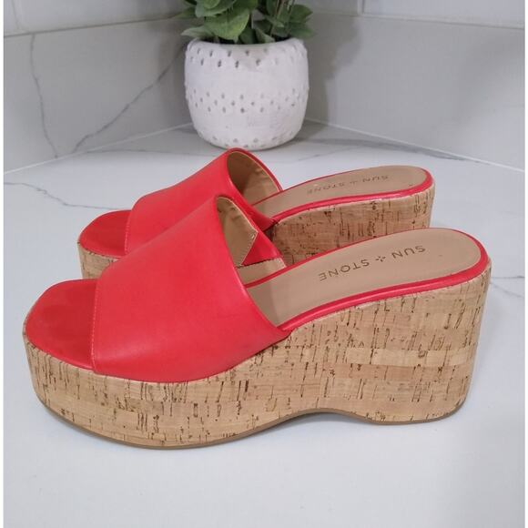 [D108] Sun + Stone Women’s Finleighh Slide Wedge Sandals Coral, Size 8 - Picture 1 of 7